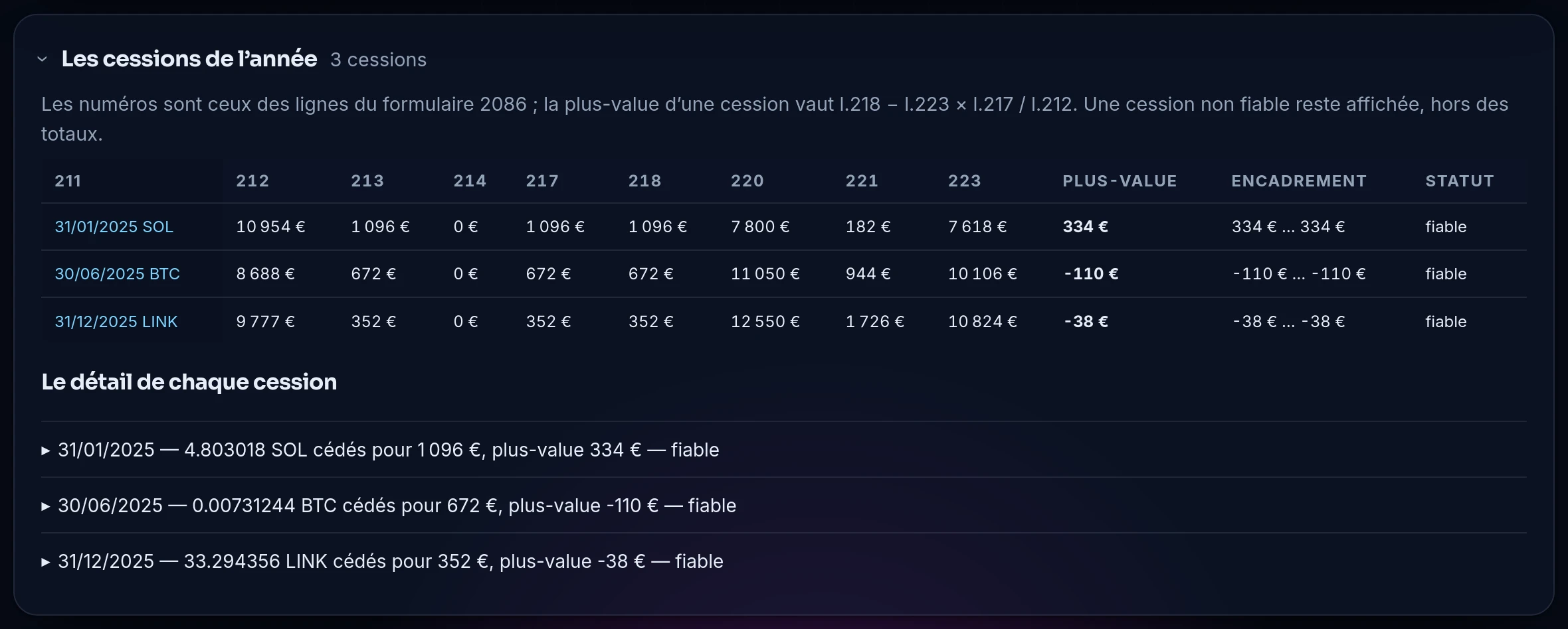 Le simulateur du formulaire 2086 sur le compte de démonstration : les cessions de l’année, ligne par ligne