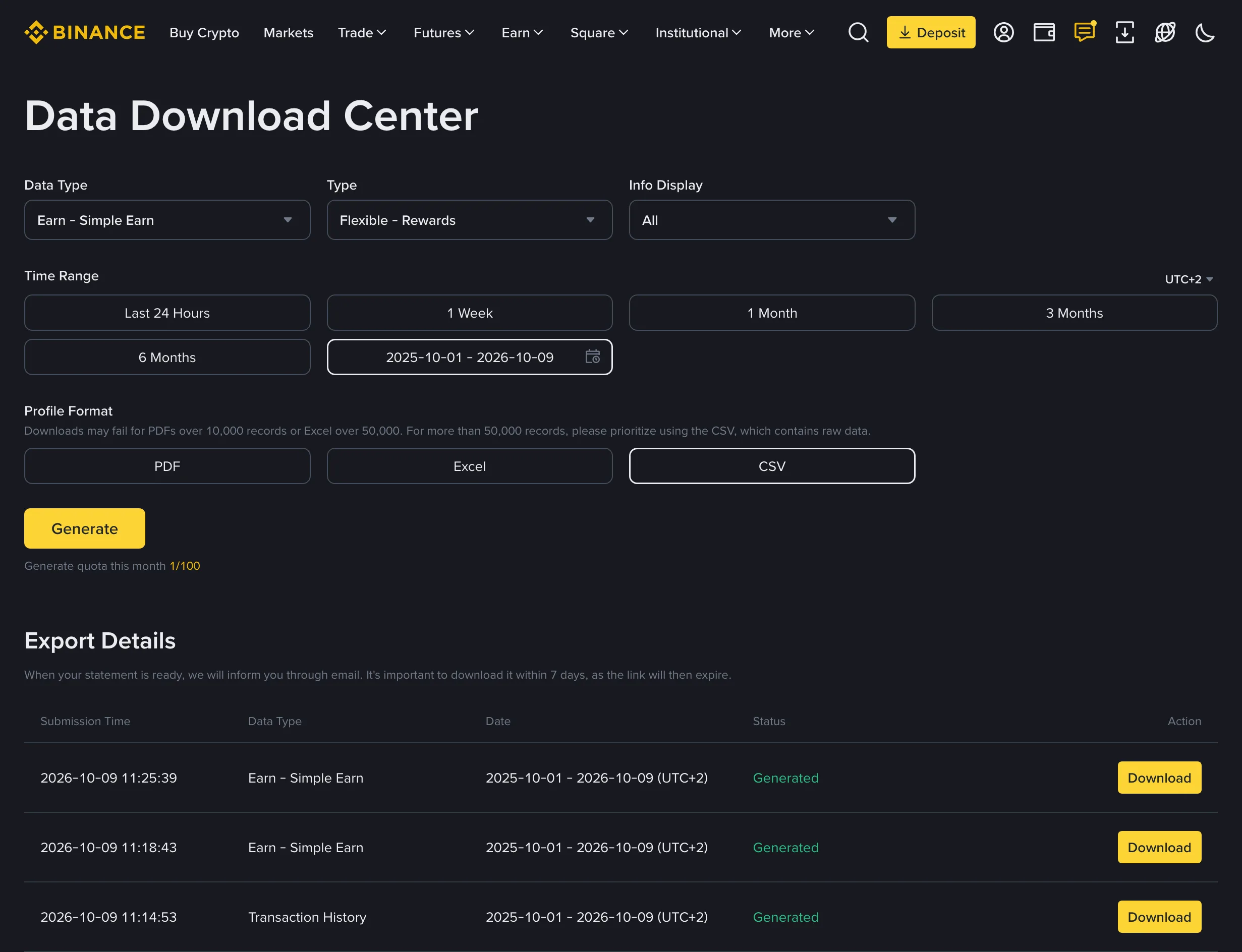 Binance’s Data Download Center: Data Type set to Earn - Simple Earn, Type set to Flexible - Rewards, a custom range, CSV format, Generate button, and three generated statements in the export list