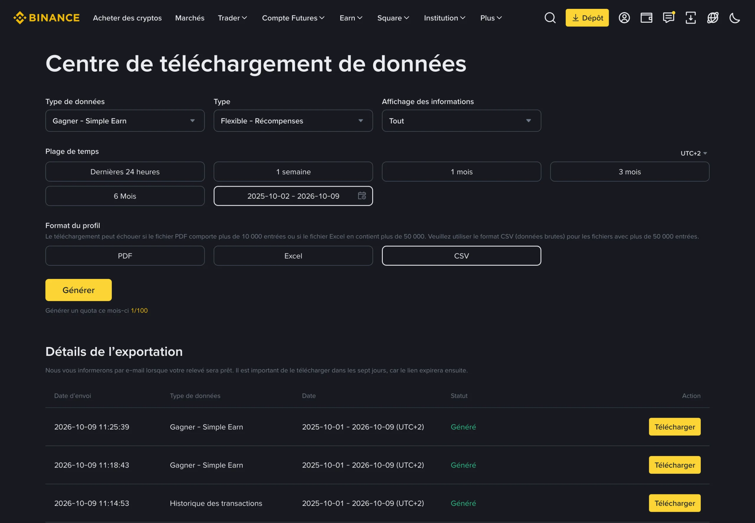 Centre de téléchargement de données de Binance : type de données « Gagner - Simple Earn », type « Flexible - Récompenses », plage personnalisée, format CSV, bouton Générer, et trois relevés générés dans la liste