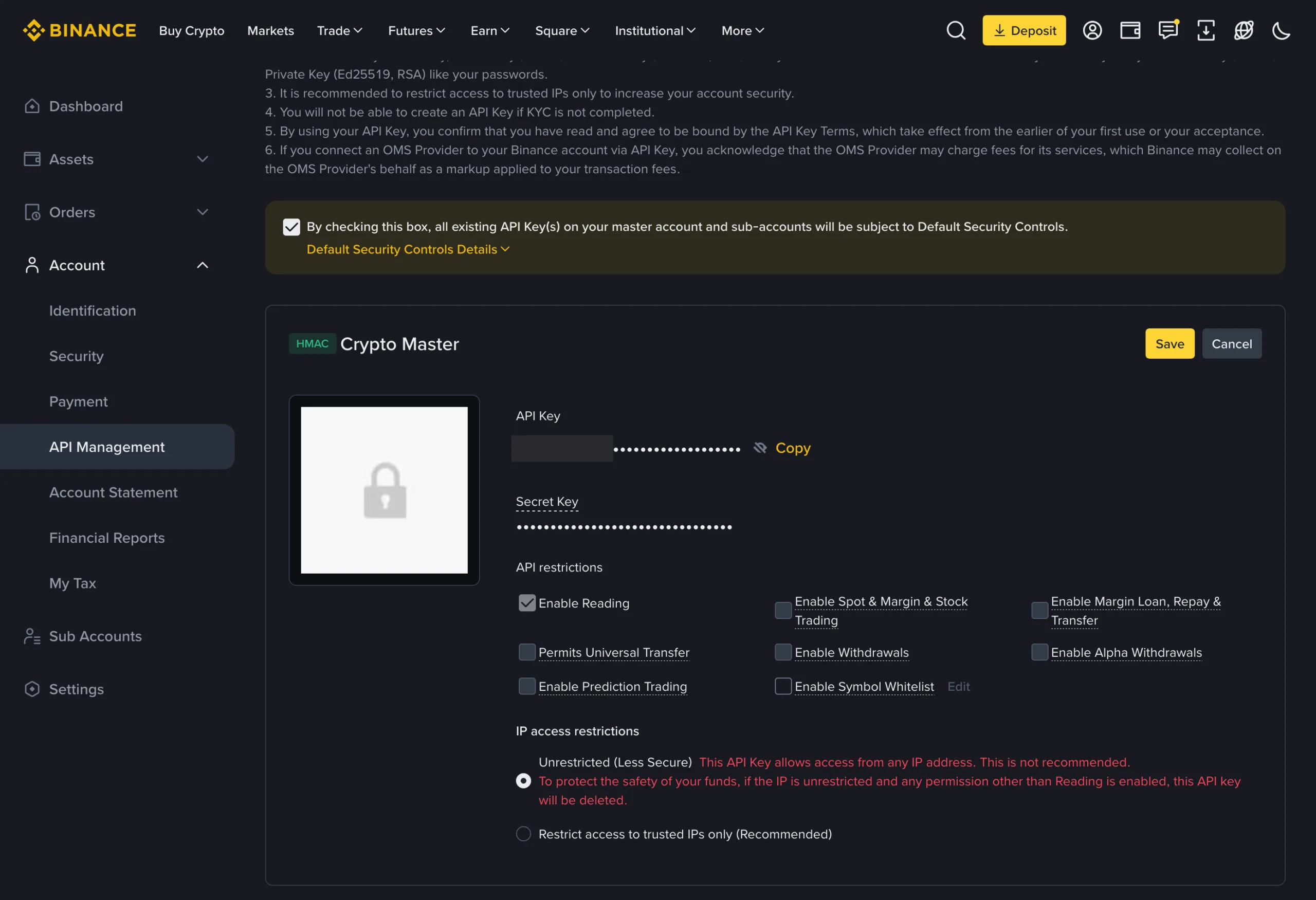 Binance API Management screen: the “Crypto Master” HMAC key with only “Enable Reading” ticked; trading, withdrawals and transfers unticked, and unrestricted IP access