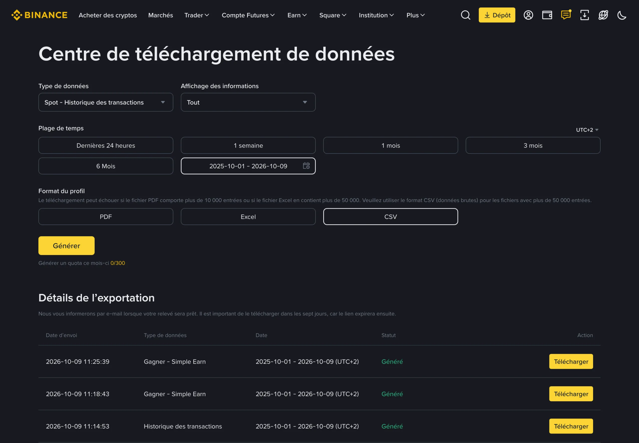Centre de téléchargement de données de Binance : type de données « Spot - Historique des transactions », c’est-à-dire l’historique des trades, plage personnalisée, format CSV, bouton Générer avec son quota de 0 sur 300 ce mois-ci, et la liste des relevés générés