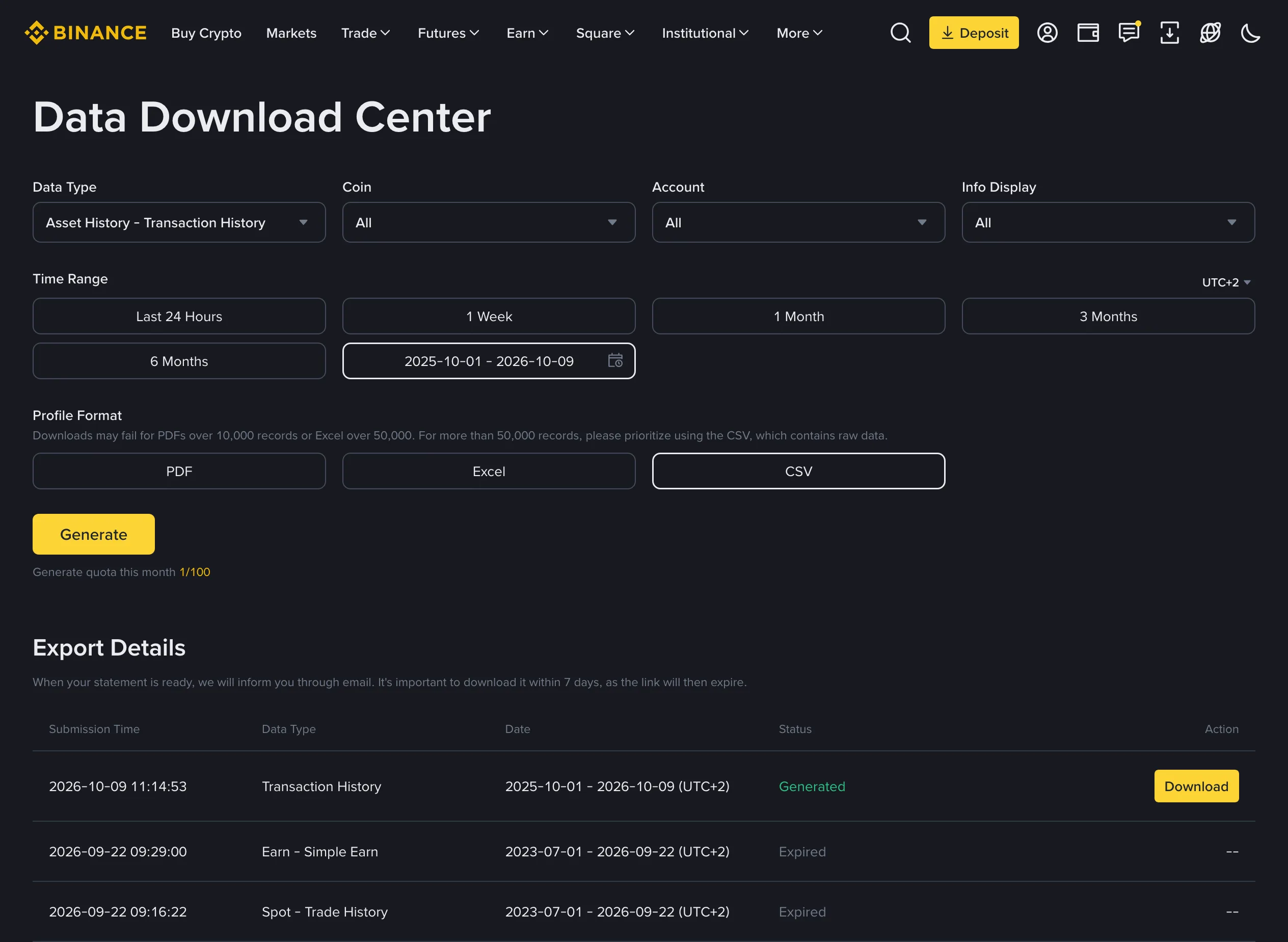 Binance’s Data Download Center: Data Type set to Asset History - Transaction History, coin and account set to All, a custom range, CSV format, Generate button with its monthly counter, and the export list with a freshly generated statement above two older ones covering 2023 to 2026