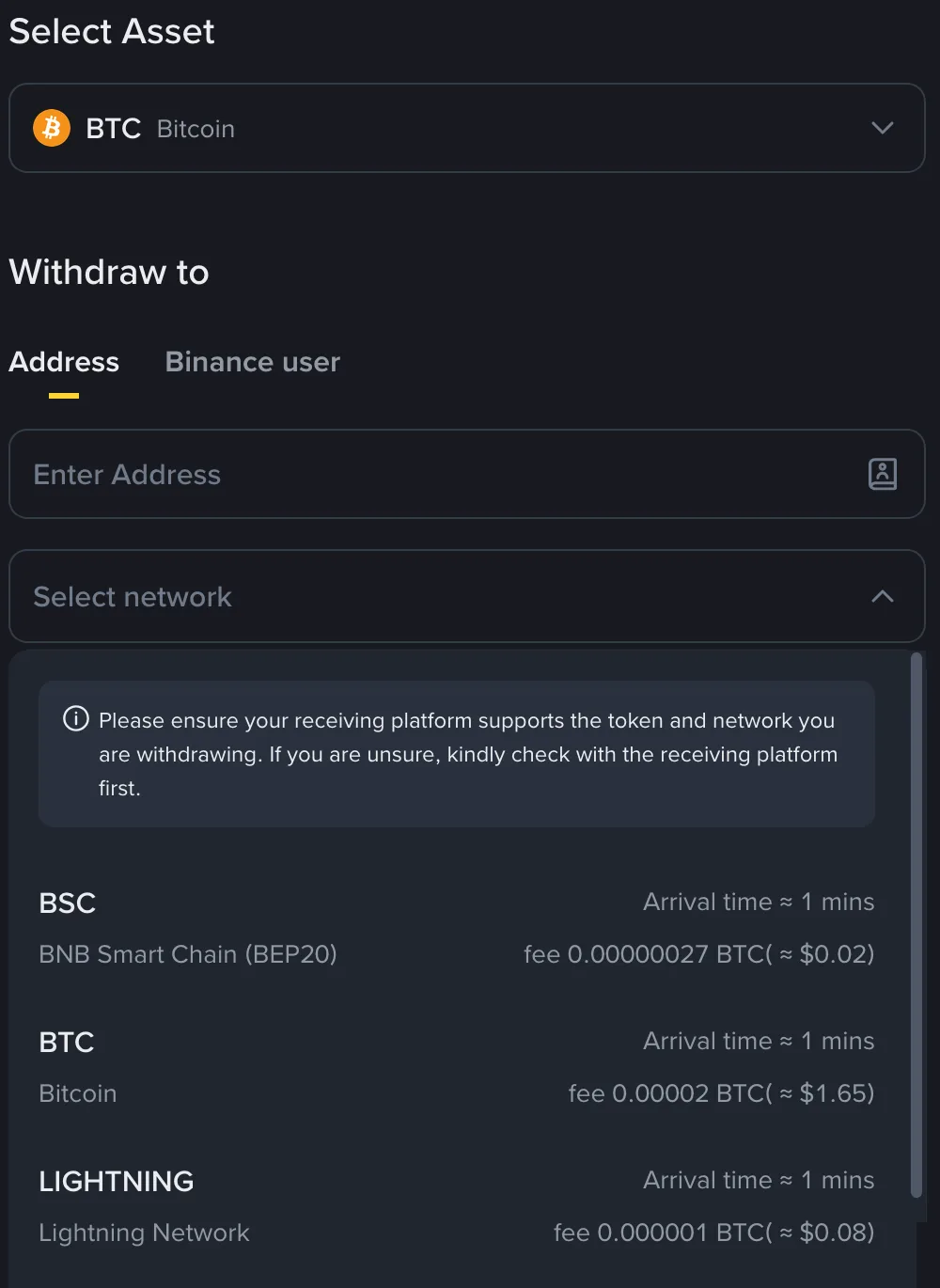 Binance’s withdrawal screen for bitcoin: the “Select network” menu offers BNB Smart Chain (BEP20) at a 0.00000027 BTC fee, Bitcoin at 0.00002 BTC (about $1.65) and Lightning Network at 0.000001 BTC