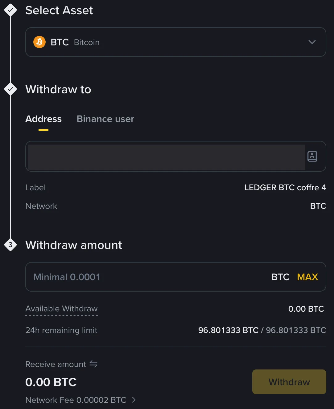 Binance’s withdrawal screen filled in for bitcoin: a masked address saved in the address book as “LEDGER BTC coffre 4”, network BTC, a 0.0001 BTC minimum, and under the receive amount a 0.00002 BTC network fee