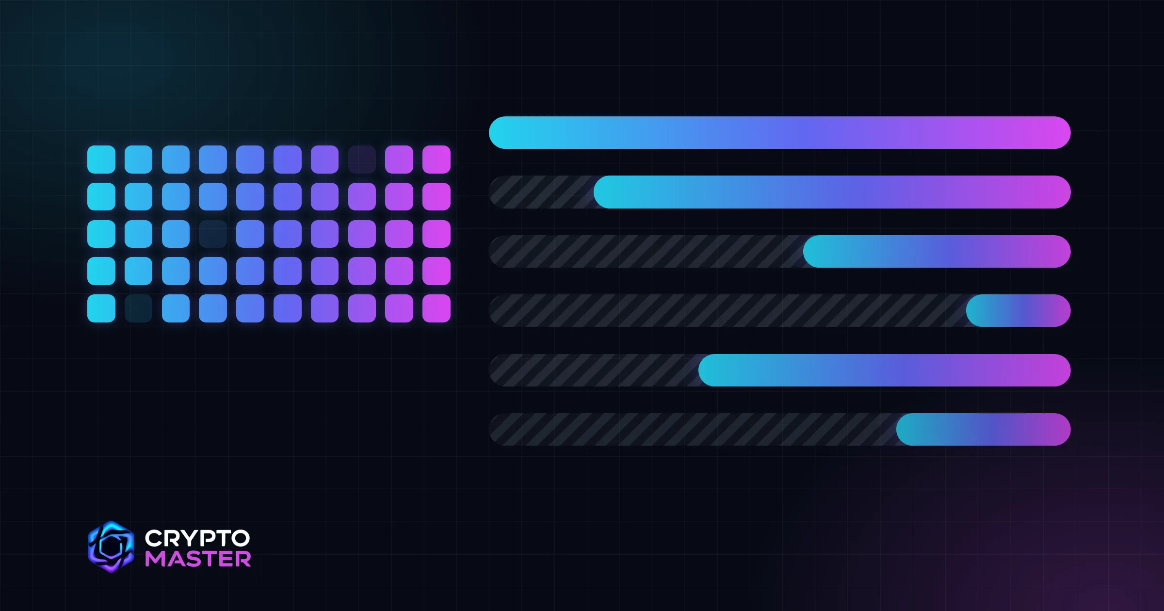 Fifty small squares in a grid, three of them dimmed, next to six horizontal bars of different lengths, in cyan, indigo and magenta, on a dark navy background.