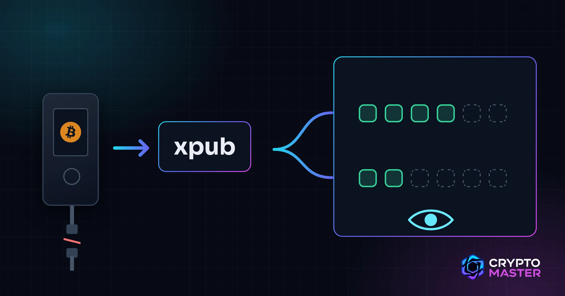 An unplugged hardware wallet, an arrow to a key labeled “xpub”, which splits into two rows of addresses, used ones in green and empty ones dotted, under an eye: you can look, but not spend.