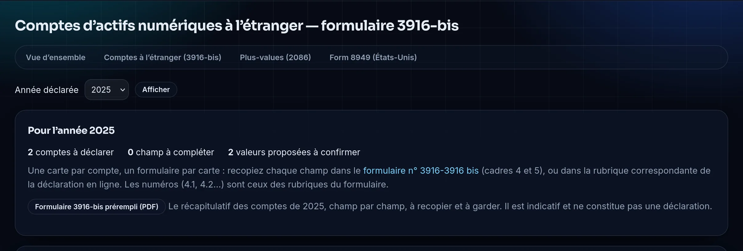 Le haut de la page 3916-bis du compte de démonstration, pour 2025 : deux comptes à déclarer, aucun champ à compléter, et le bouton du formulaire 3916-bis prérempli en PDF