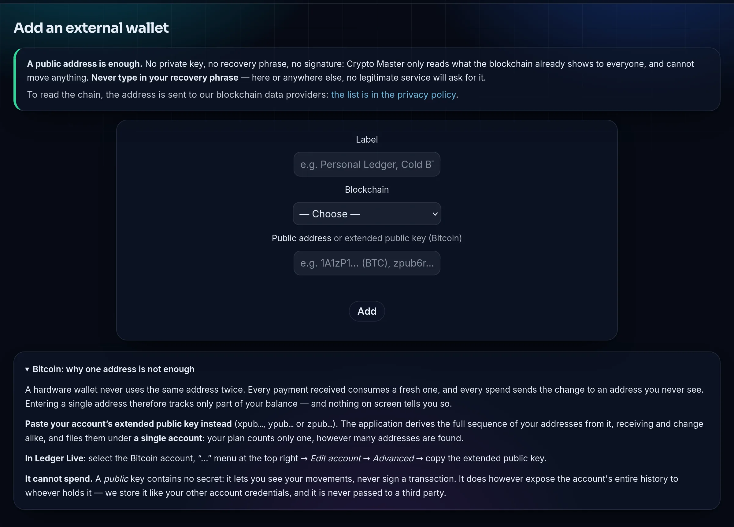 The “Add an external wallet” page in the Crypto Master demo: a box reminds you that a public address is enough and never to type in your recovery phrase; the form asks for a label, the blockchain and the public address or extended public key; an expanded section explains why one Bitcoin address isn’t enough and where to find the key in Ledger