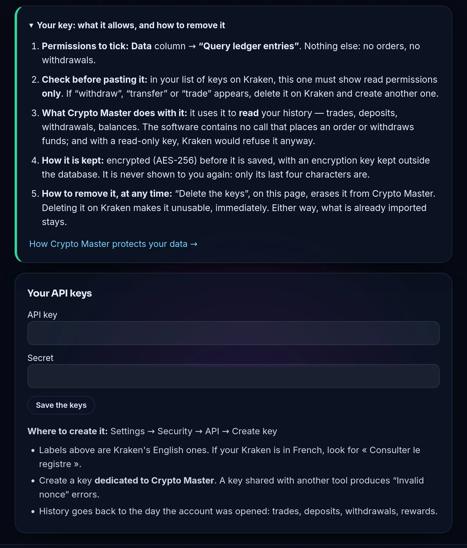 Kraken connection screen in the Crypto Master demo: the permission to tick, the check to make, what the key is used for, how it’s encrypted and how to remove it, then the API key and Secret fields