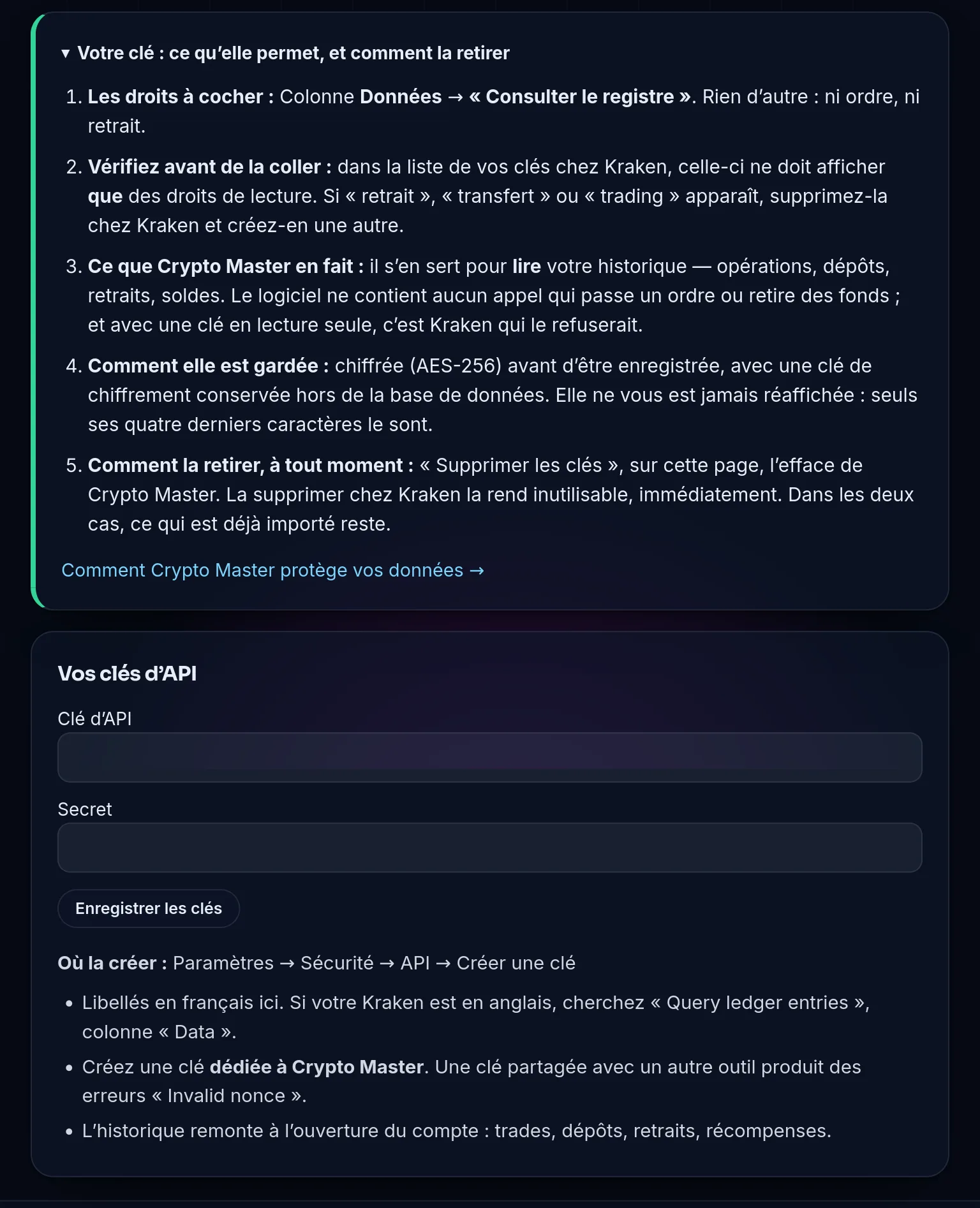 Écran de connexion d’un compte Kraken dans la démo de Crypto Master : le droit à cocher, la vérification à faire, l’usage de la clé, son chiffrement et la façon de la retirer, puis les champs Clé d’API et Secret