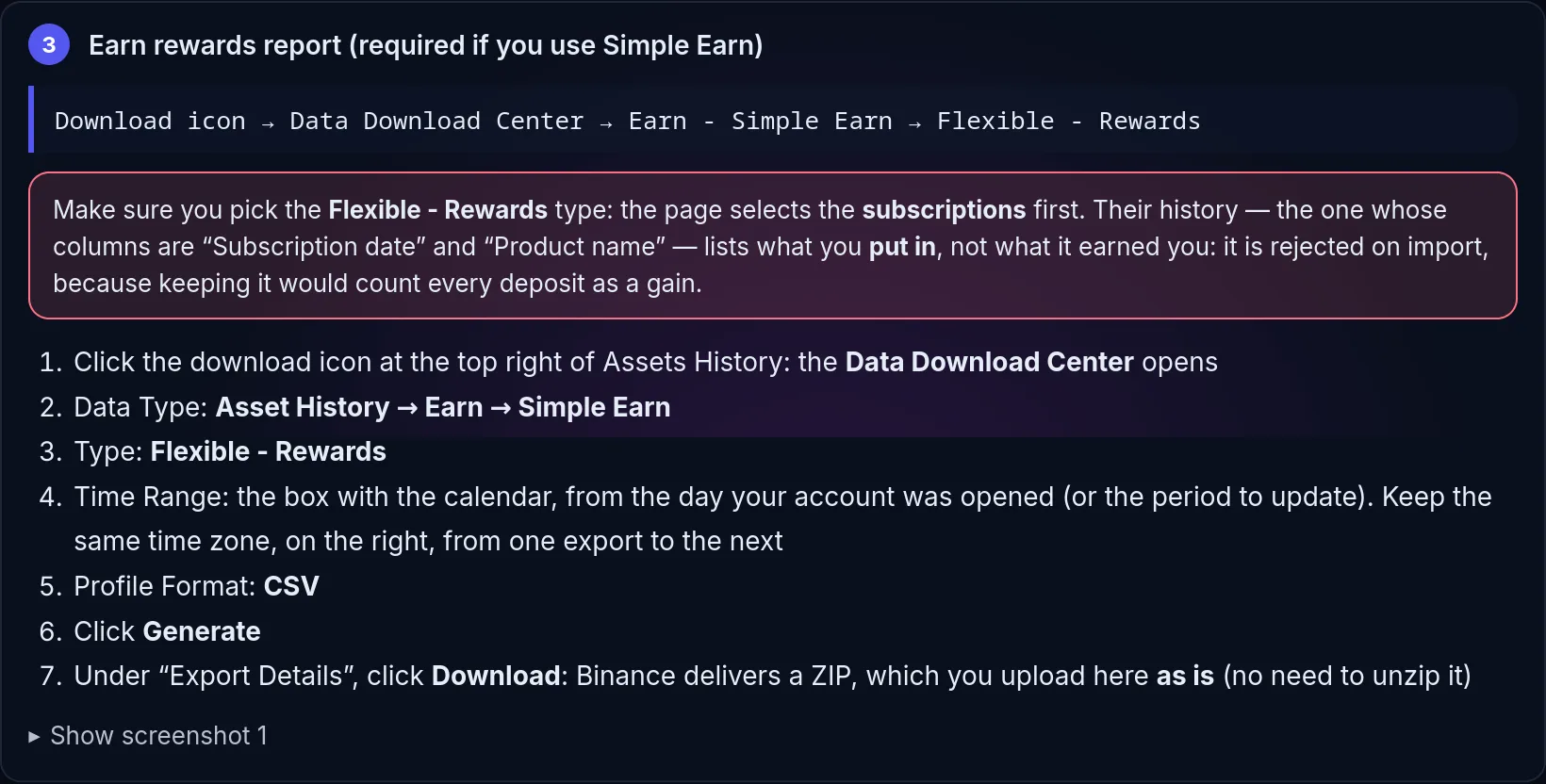 Crypto Master’s built-in guide for Binance’s Earn rewards report: the path through the Data Download Center, the warning about the subscription history, then the steps down to the ZIP, uploaded as is without unzipping it