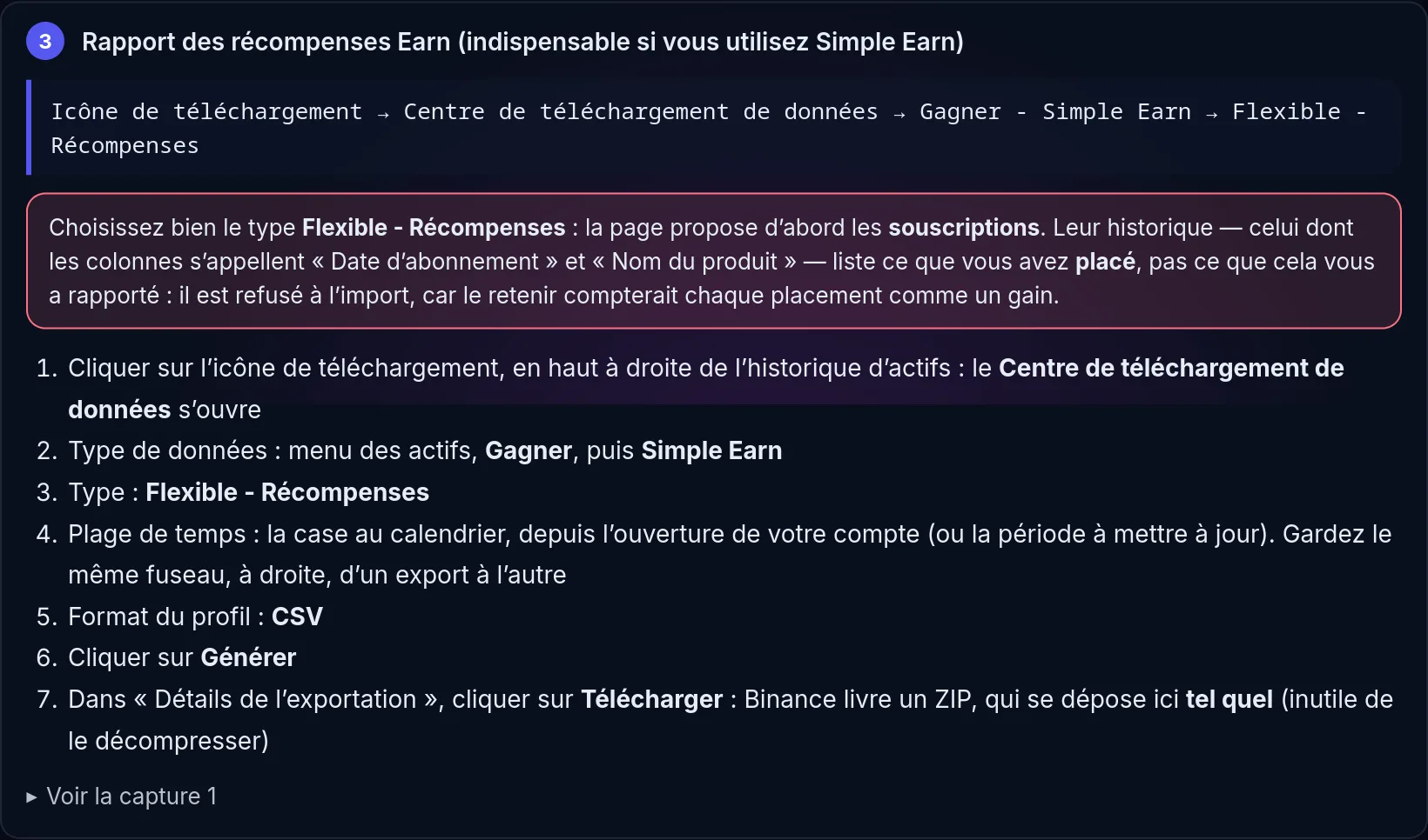 Guide intégré de Crypto Master pour le rapport des récompenses Earn de Binance : le chemin par le Centre de téléchargement de données, l’avertissement sur l’historique des souscriptions, puis les étapes jusqu’au ZIP, à déposer tel quel sans le décompresser