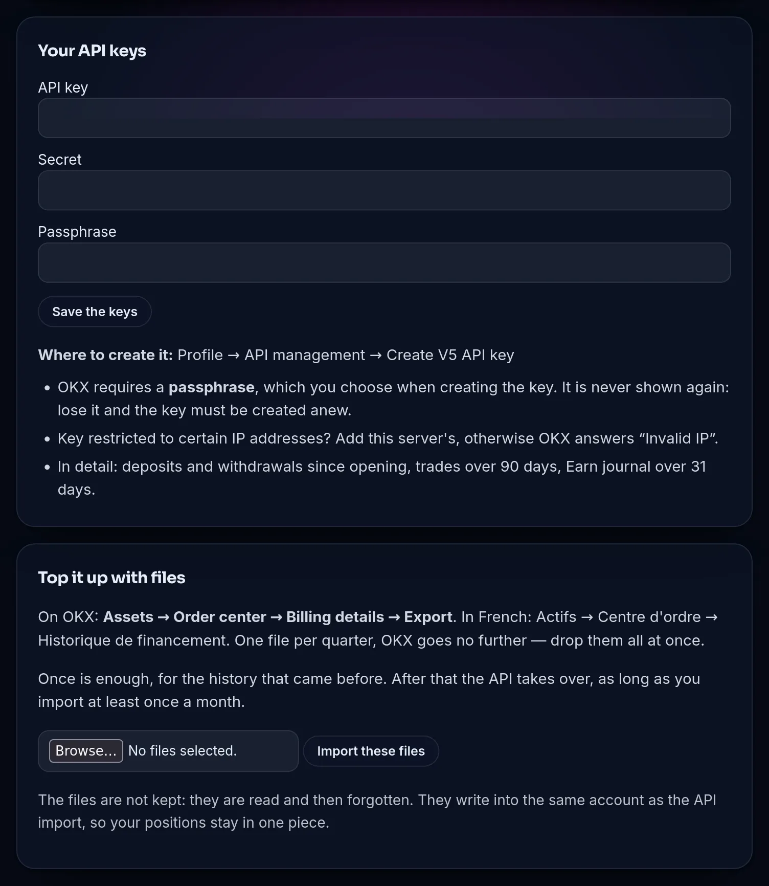 OKX connection screen in the Crypto Master demo: the API key fields, where to create the key on OKX, what the API returns (deposits and withdrawals since opening, trades over 90 days, Earn journal over 31 days), then the “Top it up with files” section with the path to the quarterly export