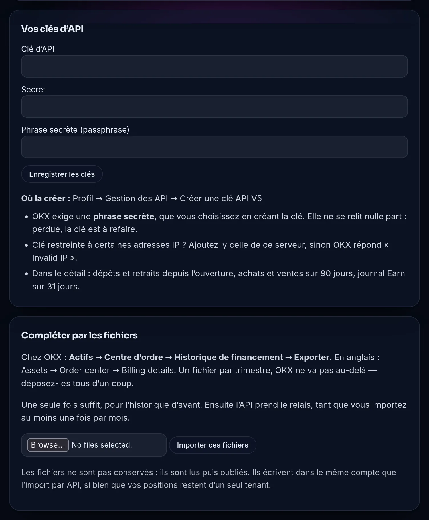 Écran de connexion OKX dans la démo de Crypto Master : les champs de la clé d’API, où la créer chez OKX, le détail de ce que l’API rend (dépôts et retraits depuis l’ouverture, achats et ventes sur 90 jours, journal Earn sur 31 jours), puis le volet « Compléter par les fichiers » avec le chemin de l’export trimestriel