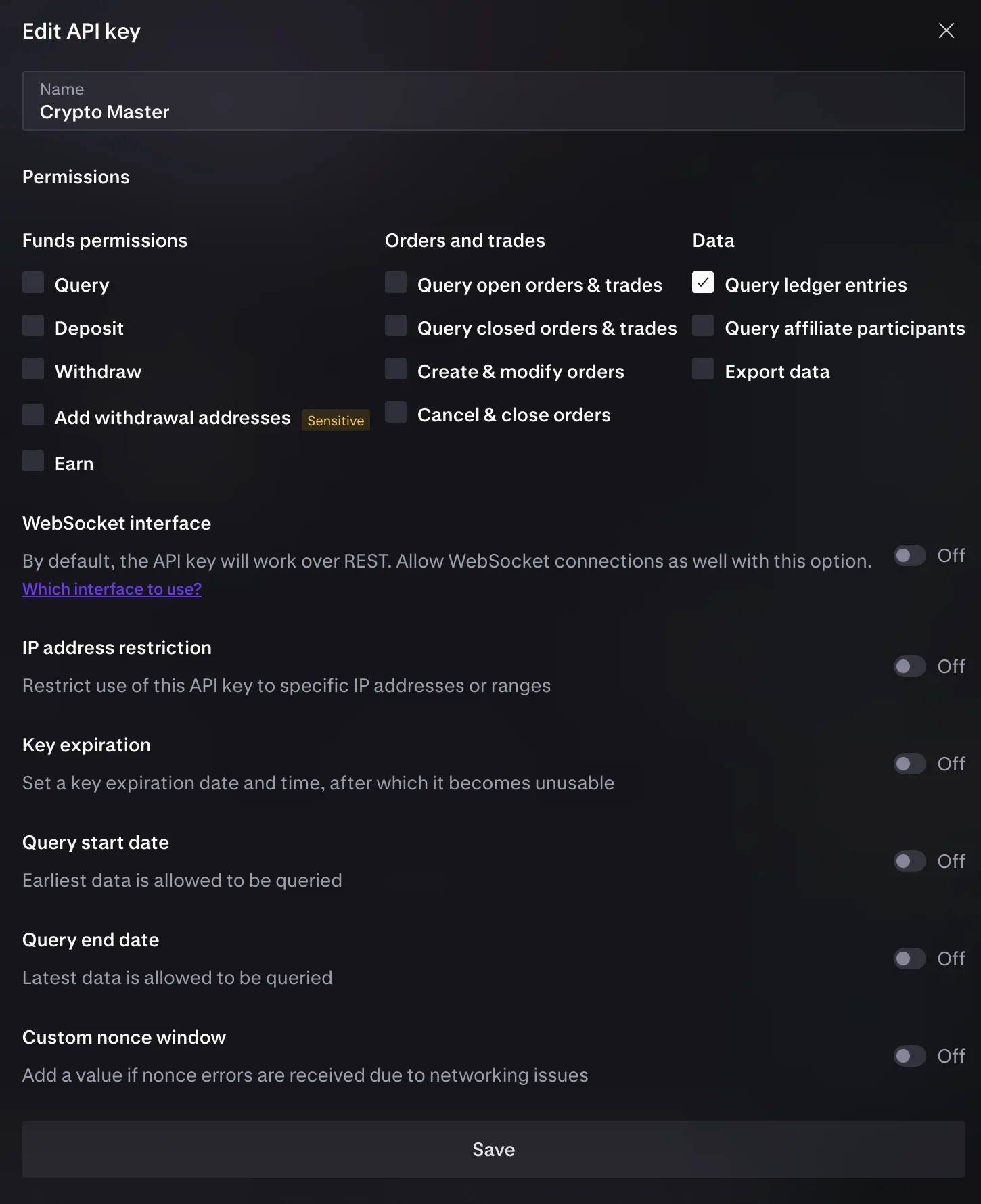 Kraken Edit API key screen: in the Data column, only “Query ledger entries” is ticked; no funds or orders box, and no IP address restriction