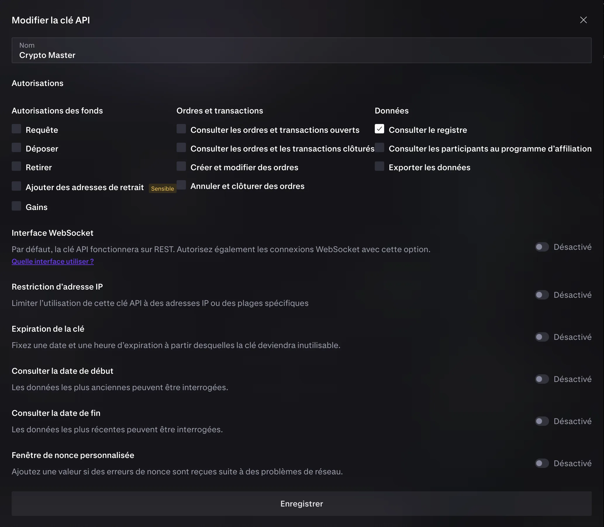 Écran de modification d’une clé API de Kraken : dans la colonne Données, seule « Consulter le registre » est cochée ; aucune case des fonds ni des ordres, et aucune restriction d’adresse IP
