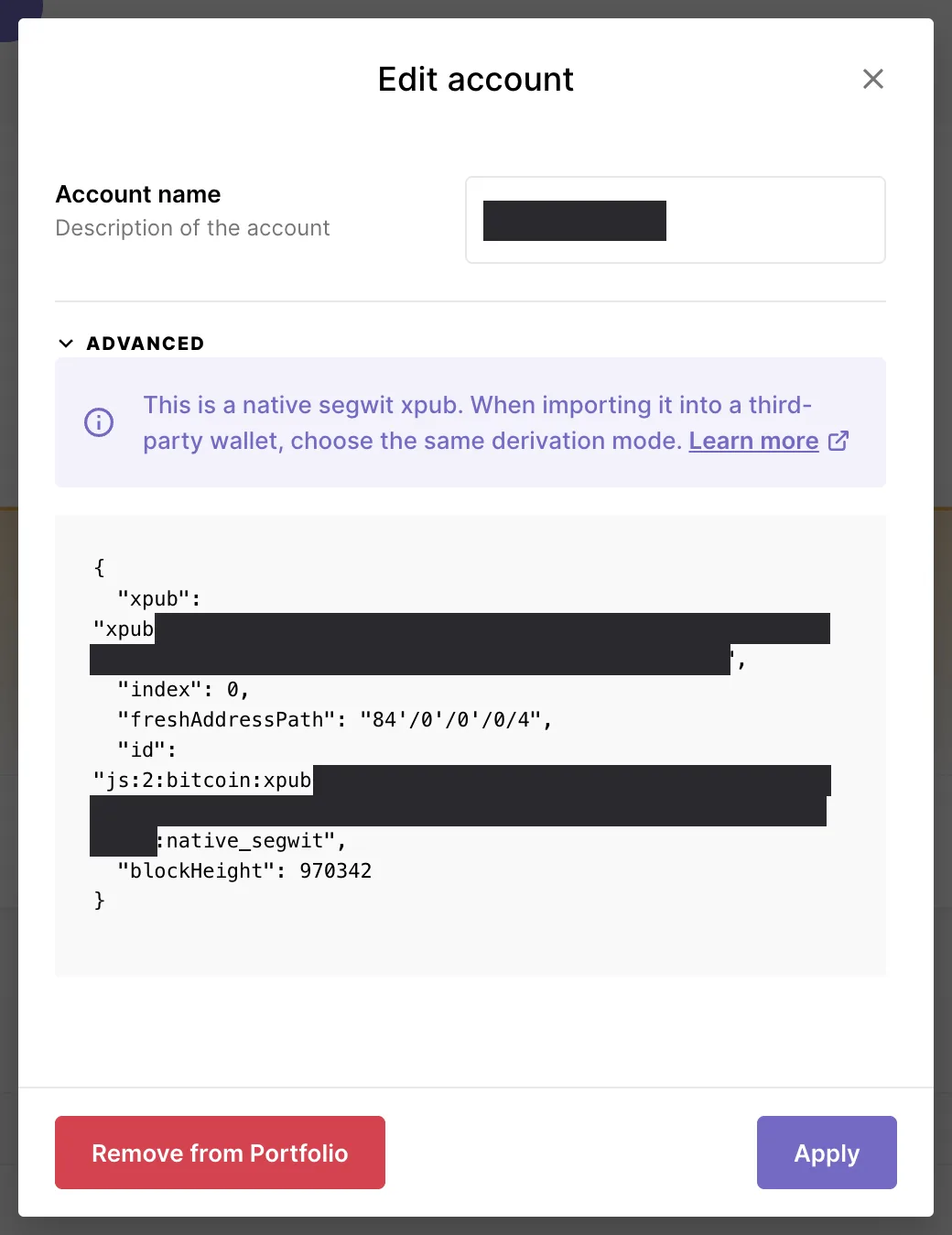 Screenshot of Ledger Wallet on desktop: the “Edit account” window of a Bitcoin account, with the “Advanced” section expanded; Ledger states that this is a native segwit xpub, and the key, which starts with xpub, is masked, as is the account name
