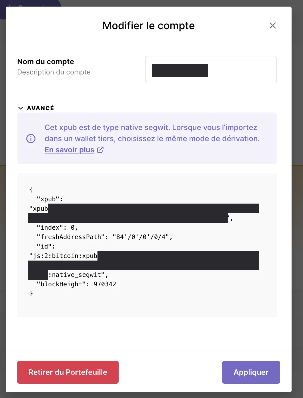 Capture de Ledger Wallet sur ordinateur : la fenêtre « Modifier le compte » d’un compte Bitcoin, section « Avancé » dépliée ; Ledger y précise « Cet xpub est de type native segwit », et la clé, qui commence par xpub, est masquée, comme le nom du compte