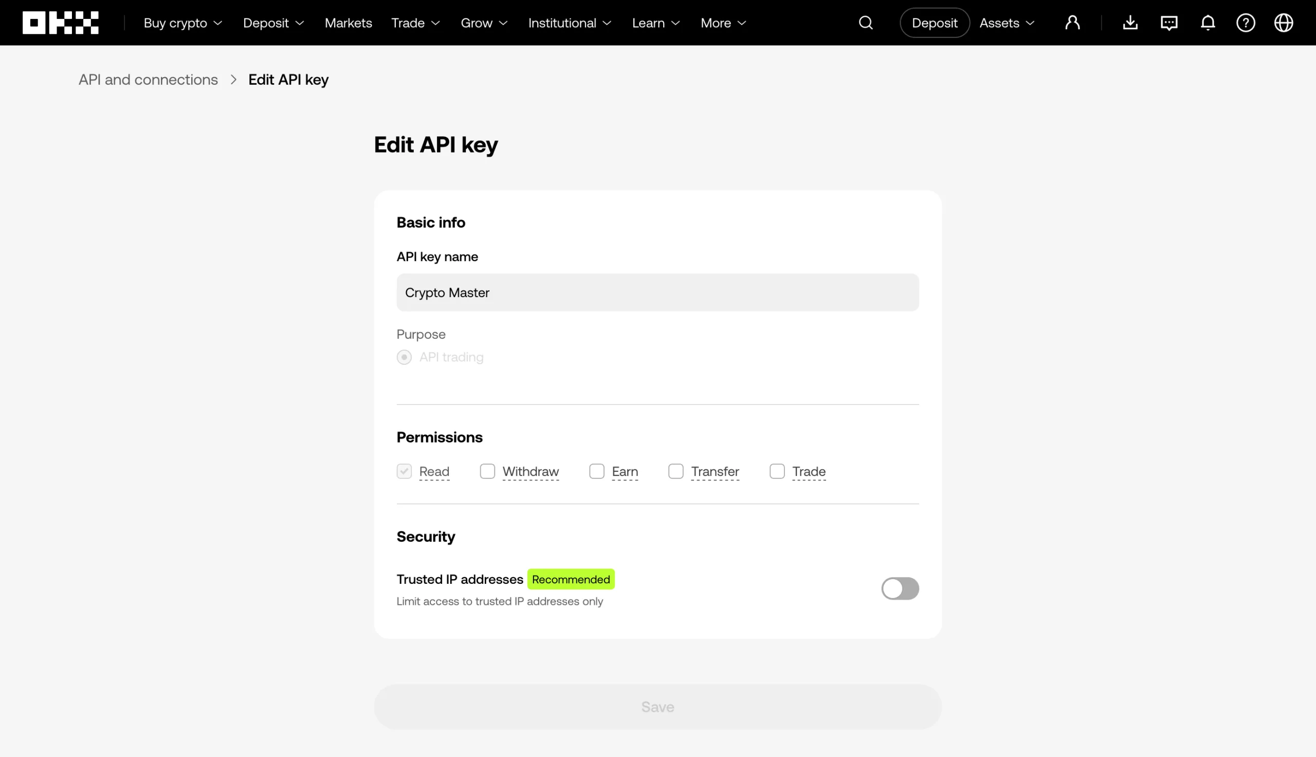 OKX Edit API key screen: “Read” permission ticked, “Withdraw”, “Earn”, “Transfer” and “Trade” unticked, trusted IP addresses turned off