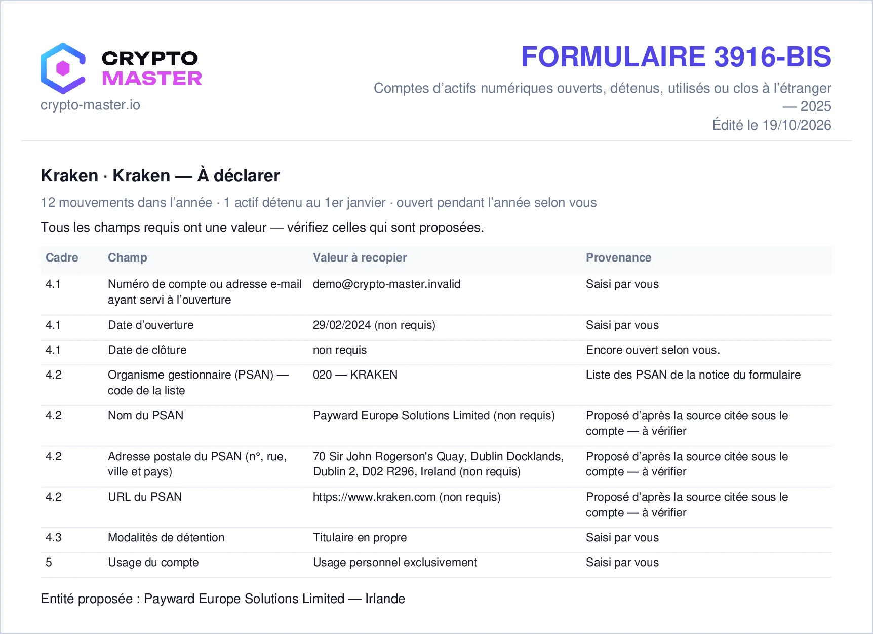 Le 3916-bis prérempli du compte de démonstration pour 2025 : en-tête du document, puis la carte du compte Kraken avec le code 020, l’entité Payward Europe Solutions Limited, son adresse à Dublin et la provenance de chaque valeur